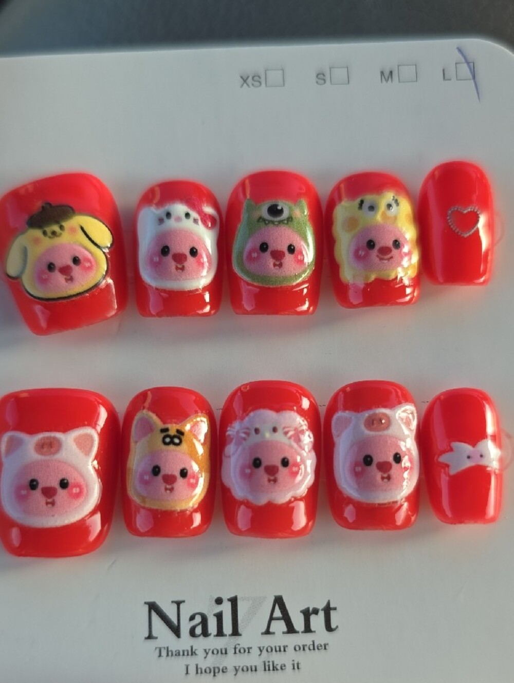 Cute Red Cartoon Small Pets Press-On Nail Set Size Large - Picture 2 of 2